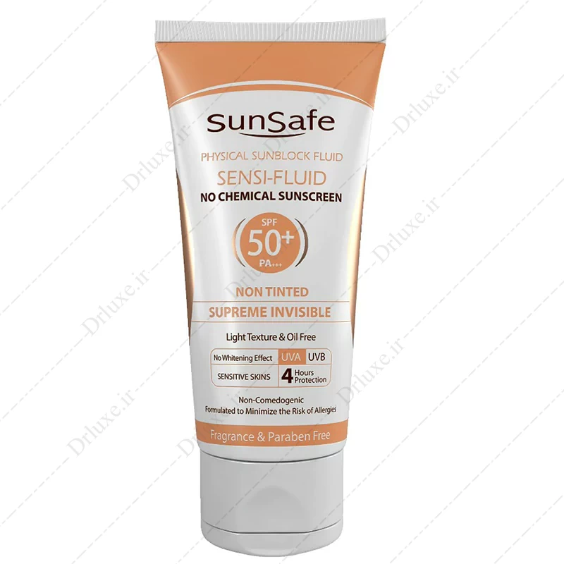 ضد آفتاب فلوئید SPF50  بی رنگ سان سیف پوست حساس 50 گرم